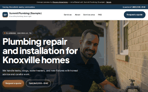 Example website for a plumbing company, scrolling from top to bottom